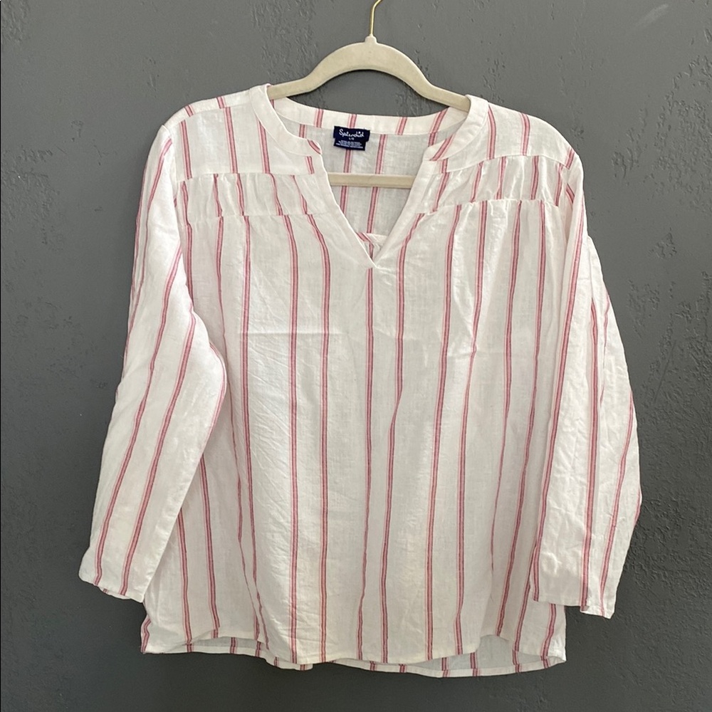 Splendid White and Red Striped V Neck Blouse Shirt Size Large